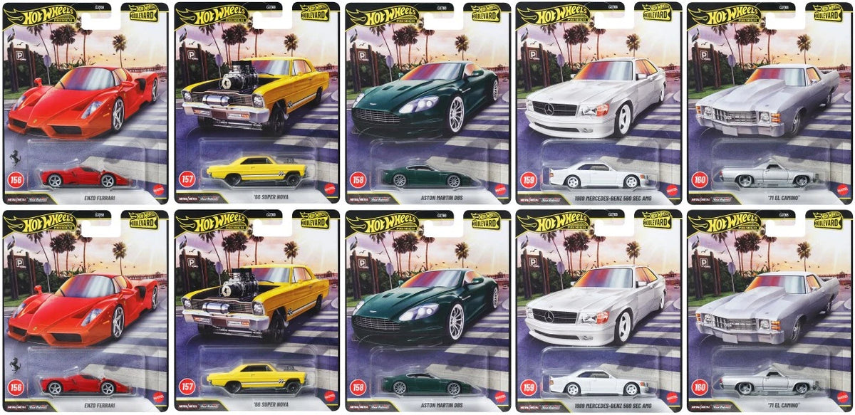 2026 Hot Wheels Boulevard 156-160 assortment showing two of each premium car
